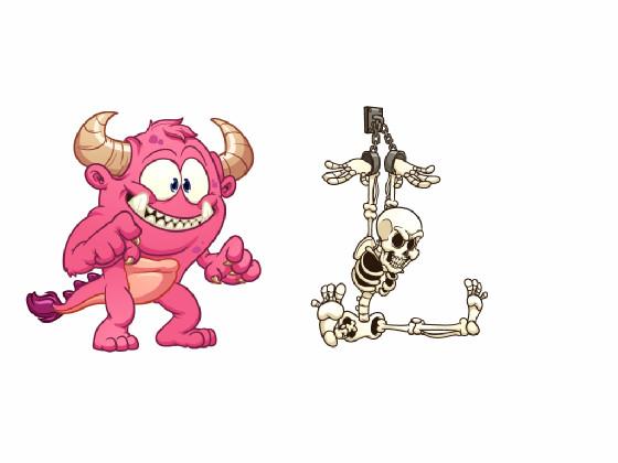 pink monster and scary skeloten