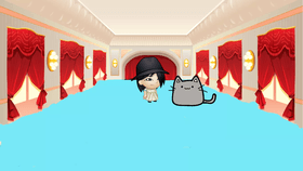 cat and kid in a ballroom