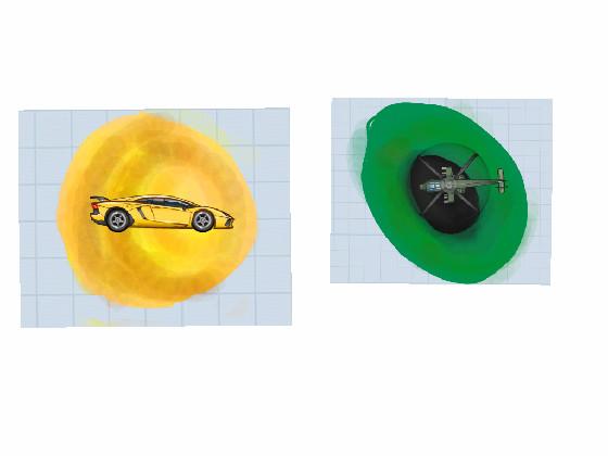 yellow car and green helicopter 