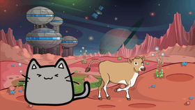 Cow  in space with cat