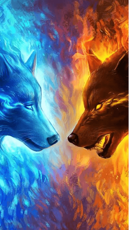 fire and water art picture wolf